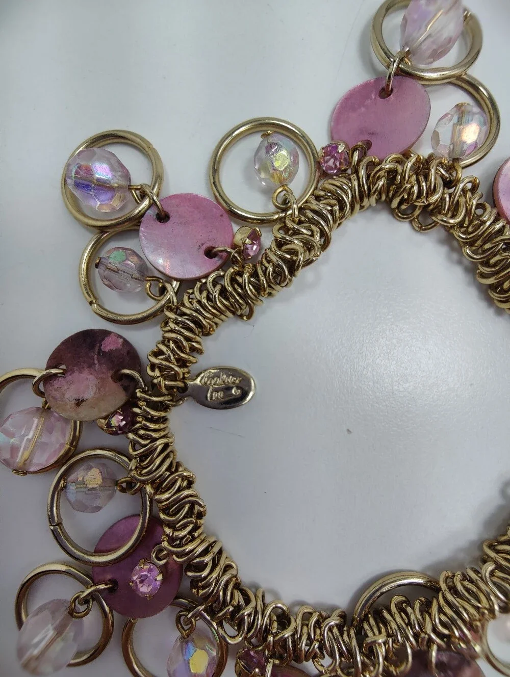 Cookie Lee Pink Rhinestone Iridescent Charm Bracelet Gold Tone Stretch Statement
